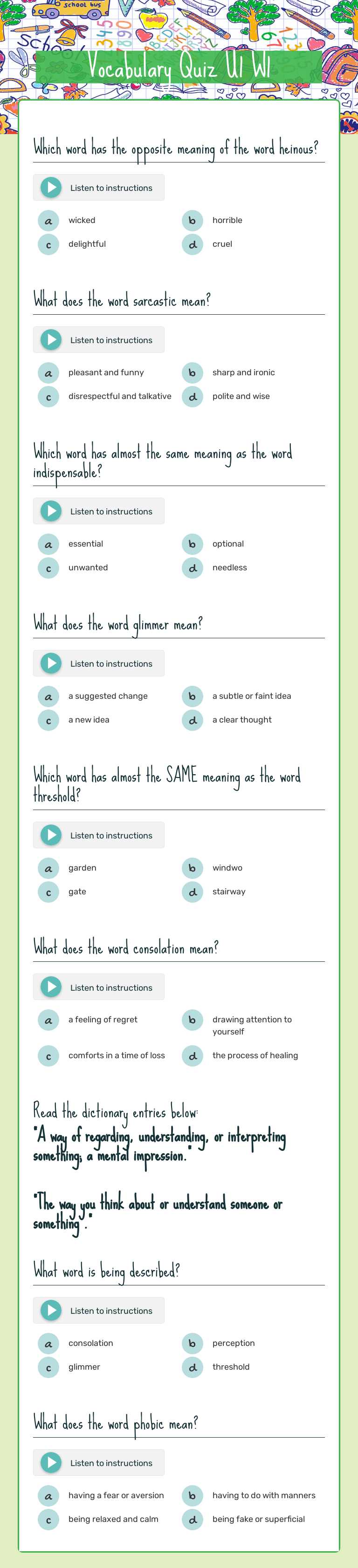 Vocabulary Quiz U1 W1 worksheet preview image