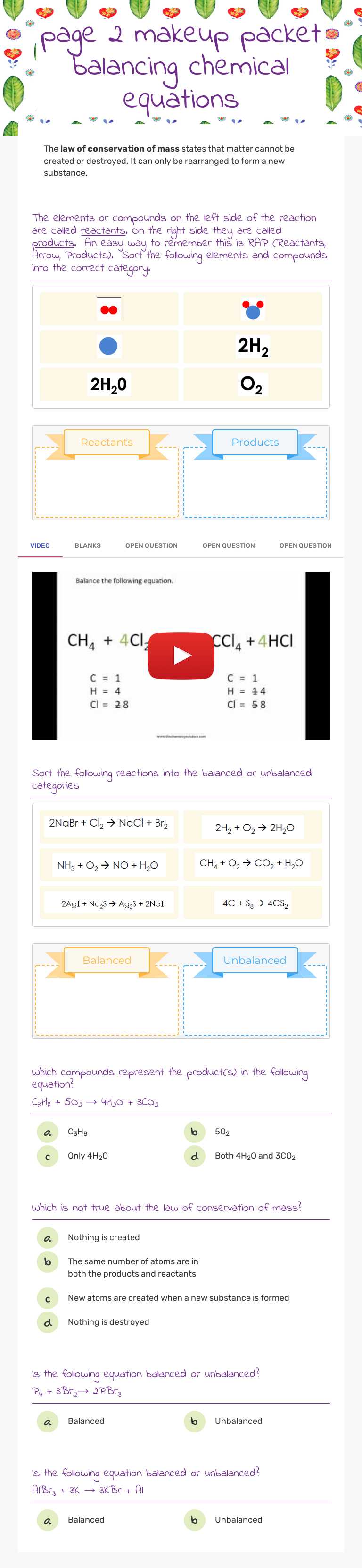 page 2 makeup packet balancing chemical equations Grade 8 worksheet preview