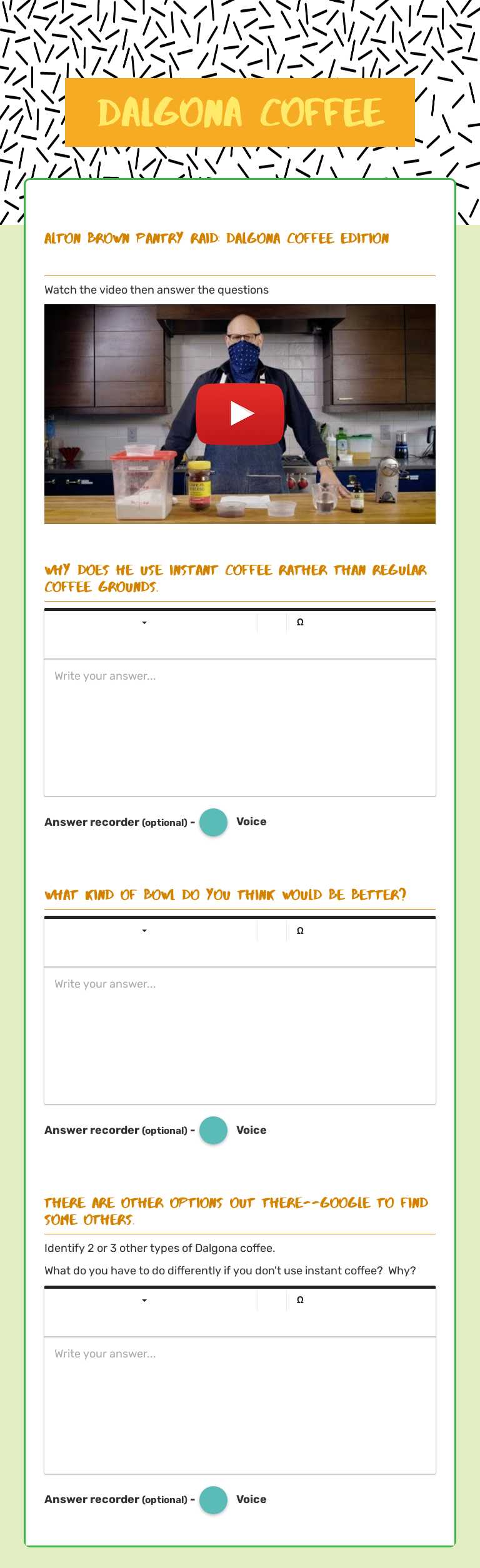 Dalgona Coffee worksheet preview image
