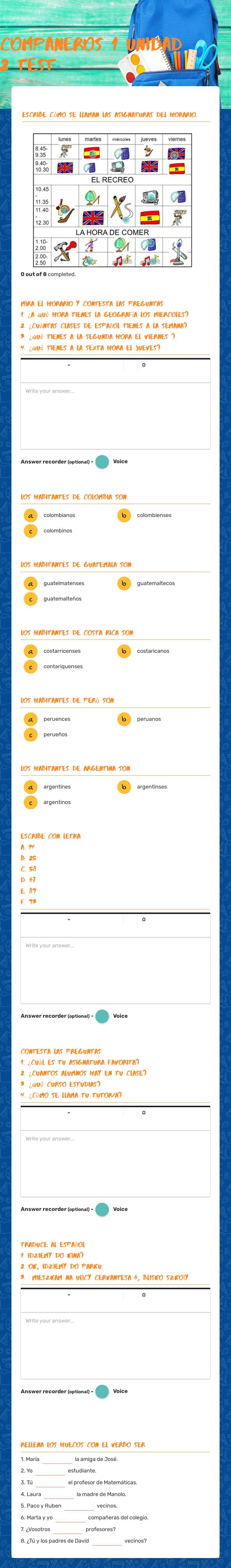 Companeros 1    Unidad 2           test worksheet preview image
