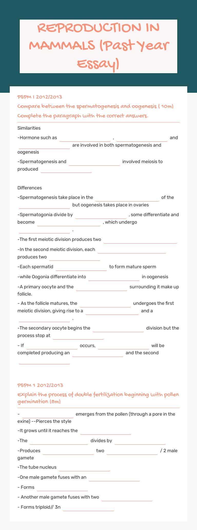 REPRODUCTION IN MAMMALS (Past Year Essay) worksheet preview