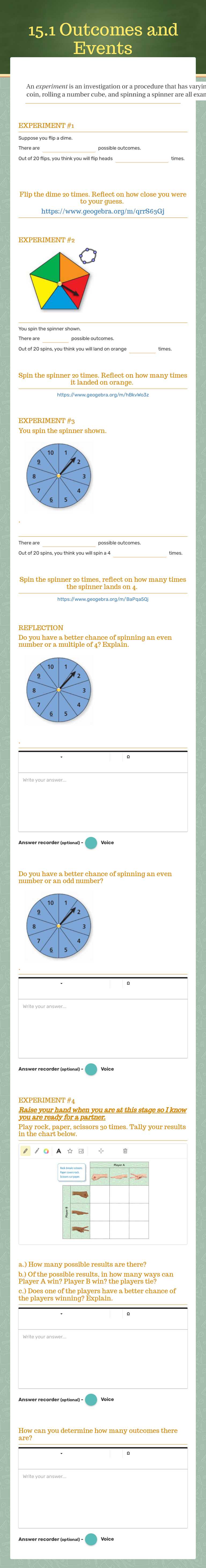 15.1 Outcomes and Events worksheet preview image