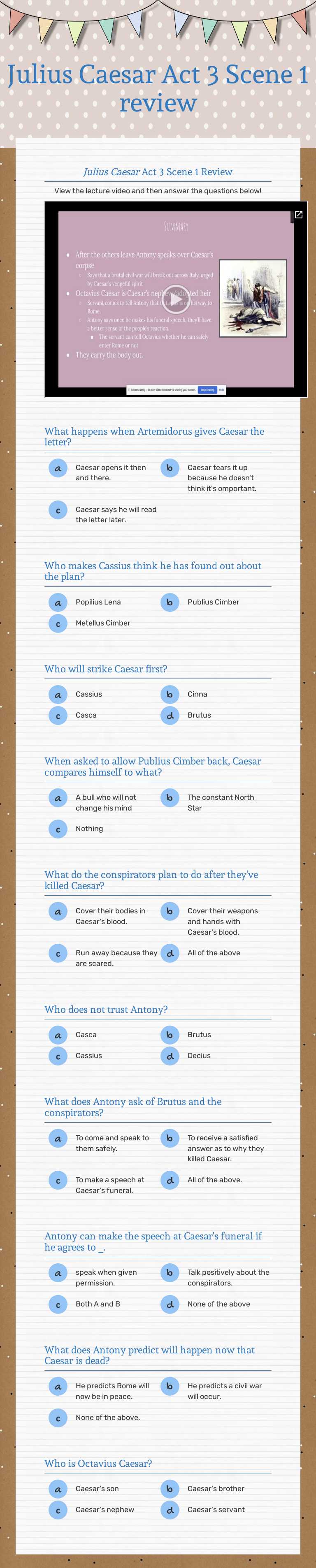 Julius Caesar
Act 3 Scene 1 review Grade 10 worksheet preview