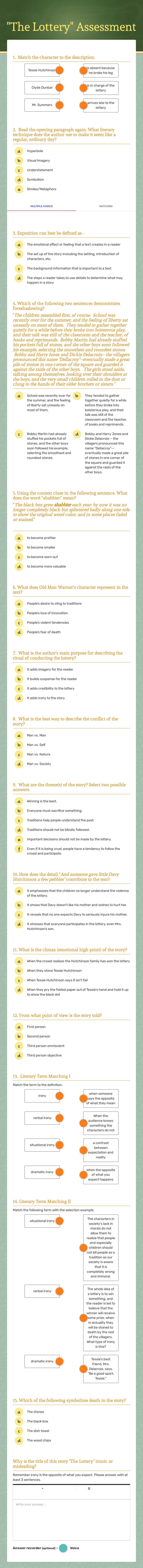 "The Lottery" Assessment worksheet preview image
