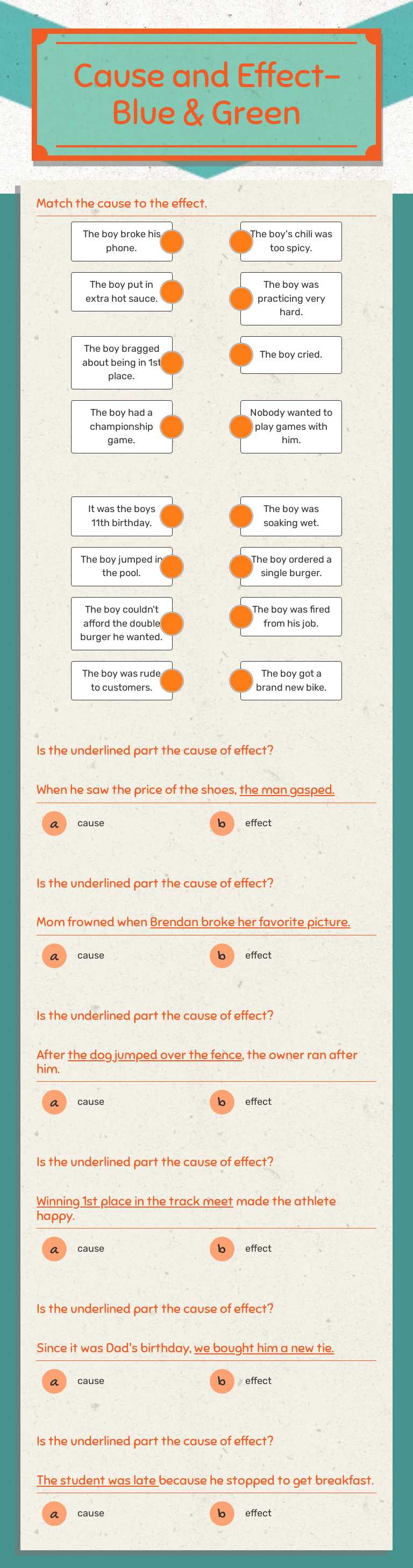 Cause and Effect-Blue & Green Grade 3 worksheet preview