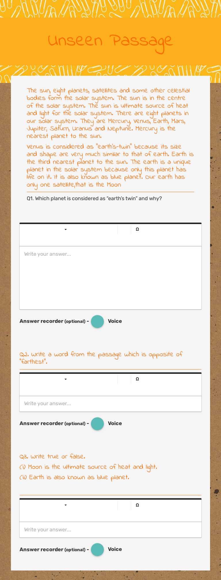 Unseen Passage Grade 4 worksheet preview