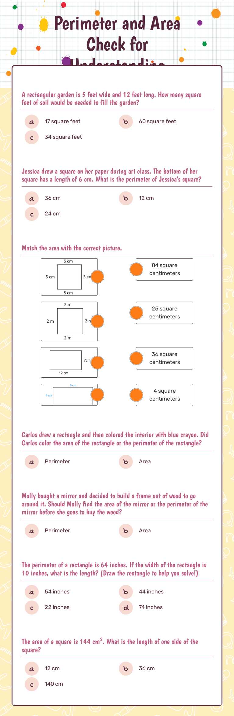 Perimeter and Area Check for Understanding Grade 4 worksheet preview