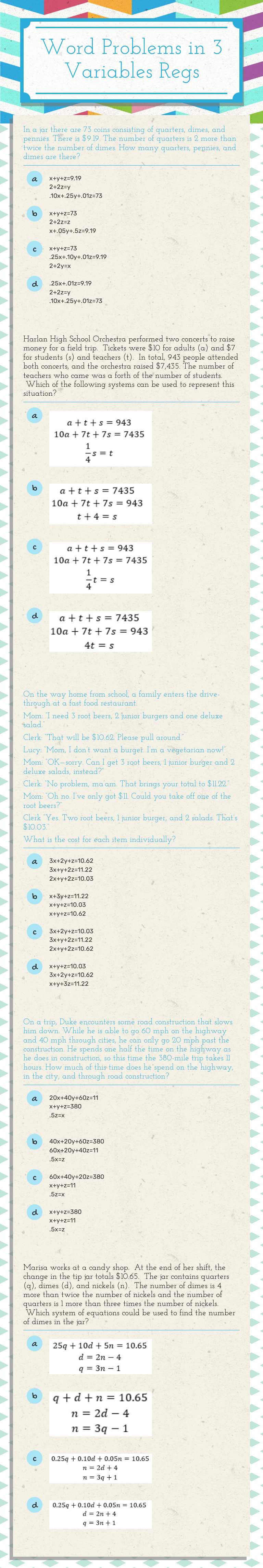 Word Problems in 3 Variables Regs worksheet preview image