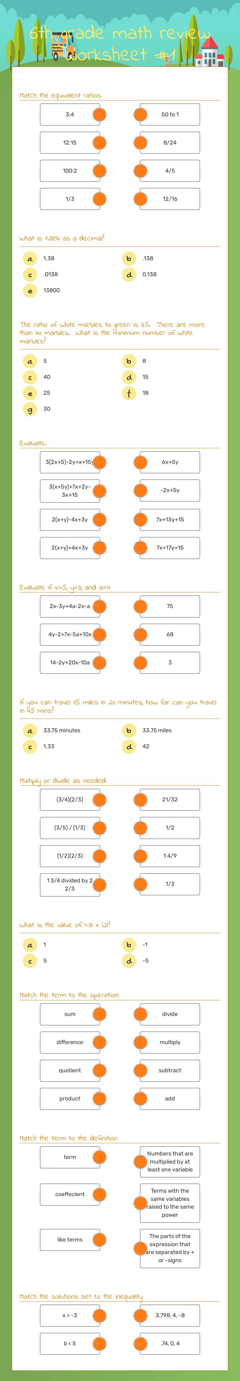 6th grade math            review worksheet #1 Grade 6 worksheet preview