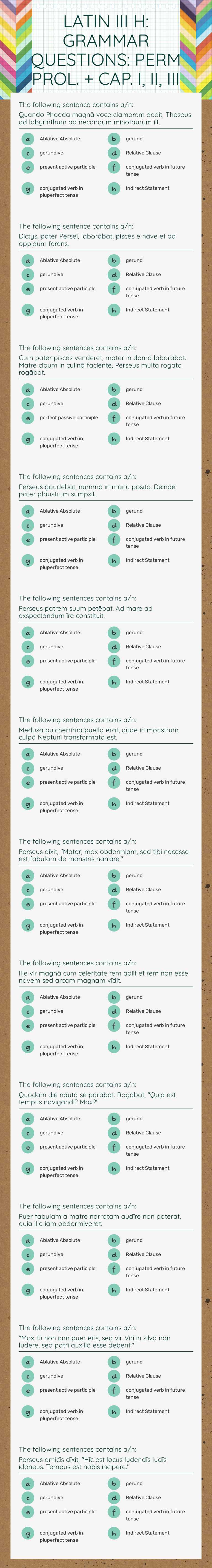 LATIN III H: GRAMMAR QUESTIONS: PERM PROL. + CAP. I, II, III worksheet preview image