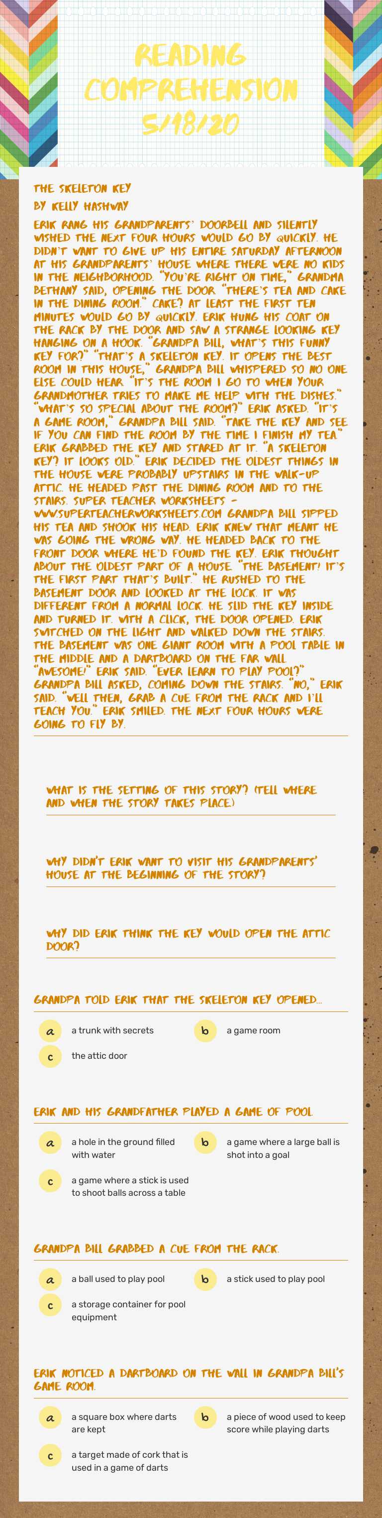 Reading Comprehension 5/18/20 worksheet preview image