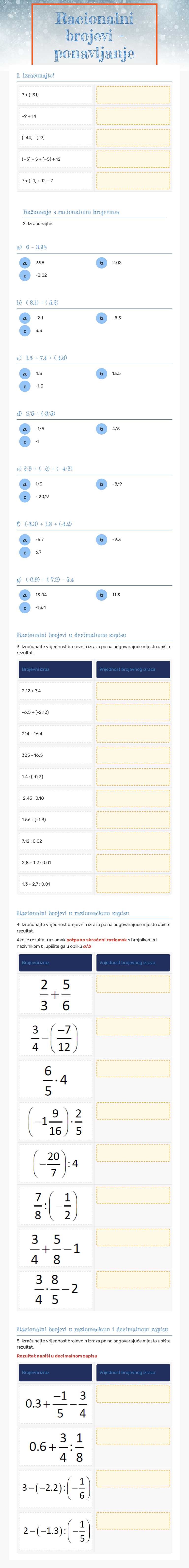 Racionalni brojevi - ponavljanje Grade 6 worksheet preview