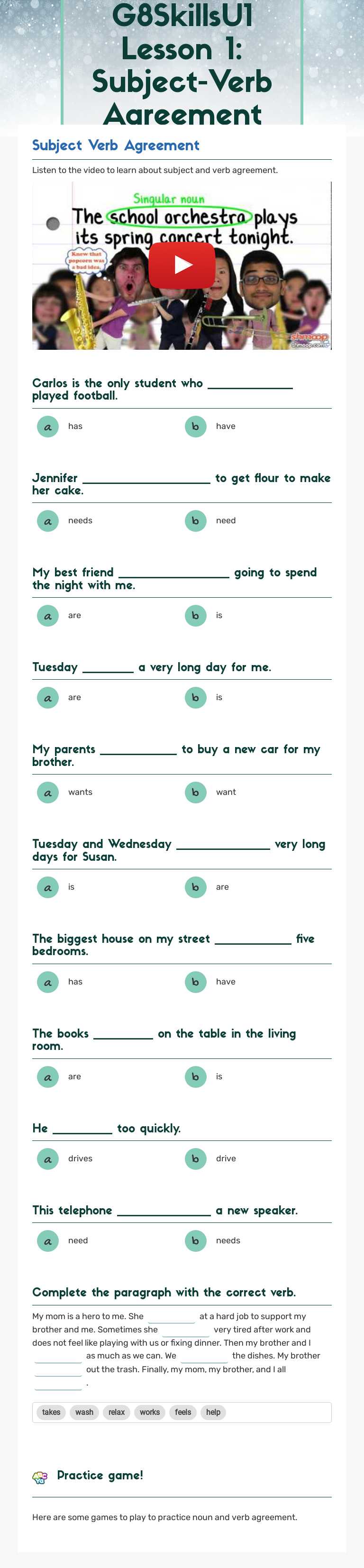 G8SkillsU1 Lesson 1: Subject-Verb Agreement worksheet preview image