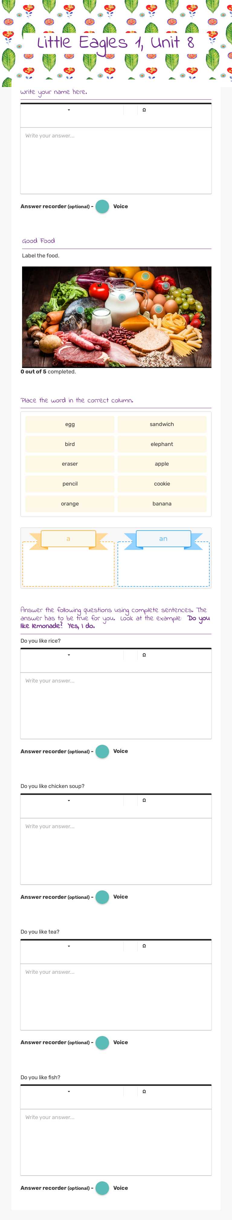 Little Eagles 1, Unit 8 Grade 1 worksheet preview
