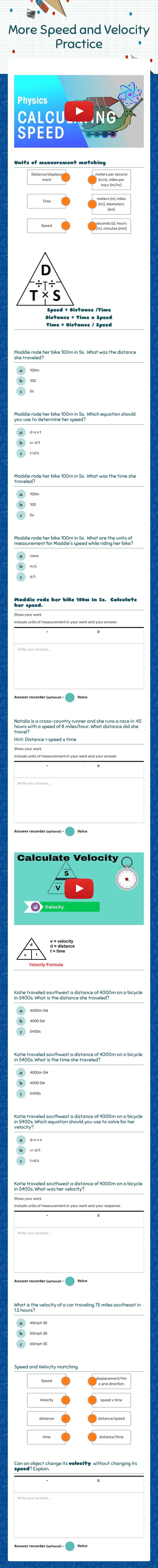 More Speed and Velocity Practice worksheet preview