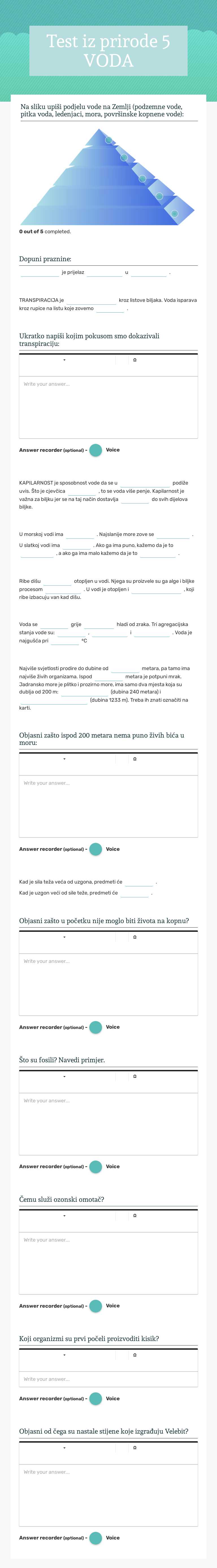 Test iz prirode 5 VODA worksheet preview image
