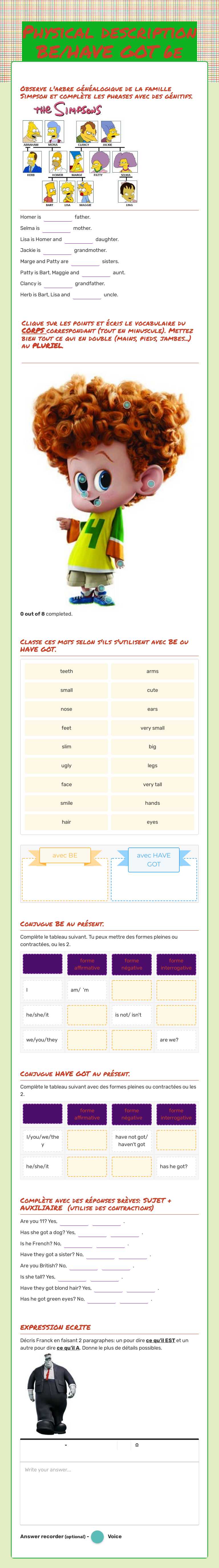 Physical description BE/HAVE GOT 6e Grade 6 worksheet preview