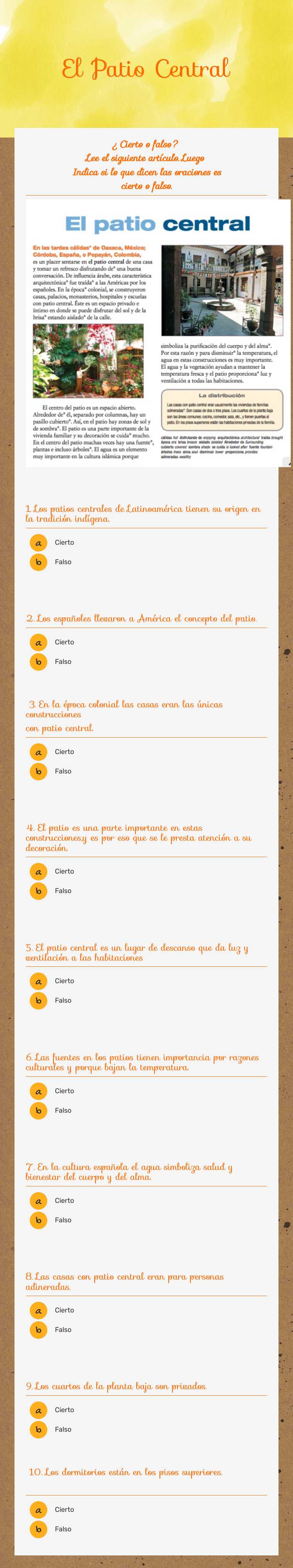 El Patio Central Grade 10 worksheet preview