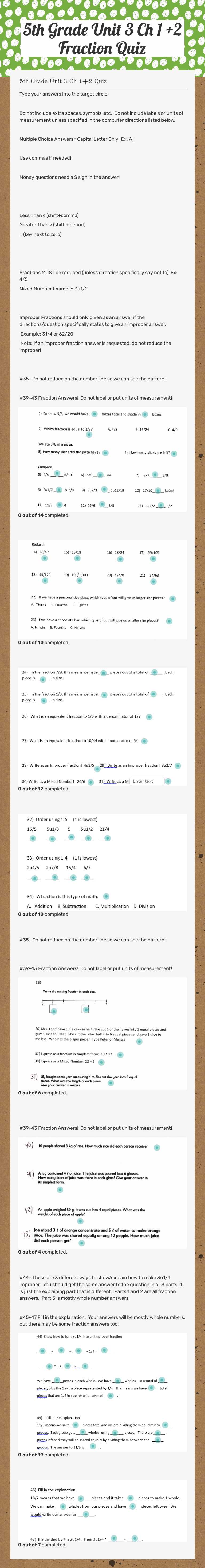 5th Grade Unit 3 Ch 1 +2 Fraction Quiz Grade 5 worksheet preview