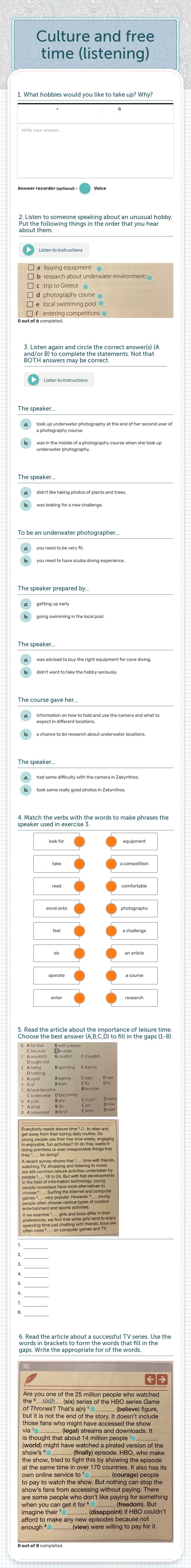 Culture and free time (listening) worksheet preview image