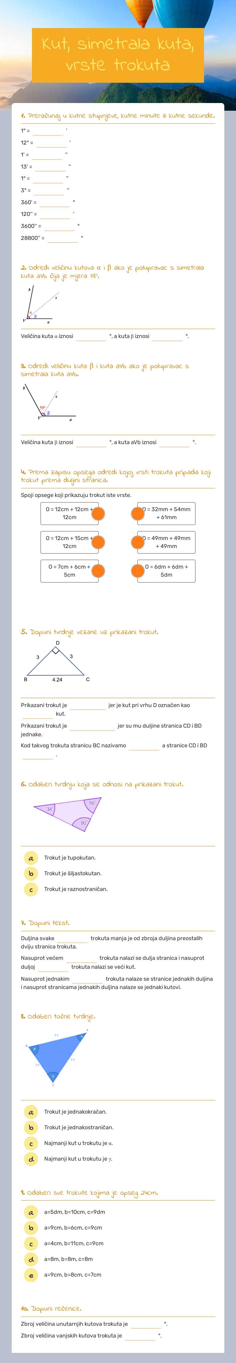 Kut, simetrala kuta, vrste trokuta worksheet preview