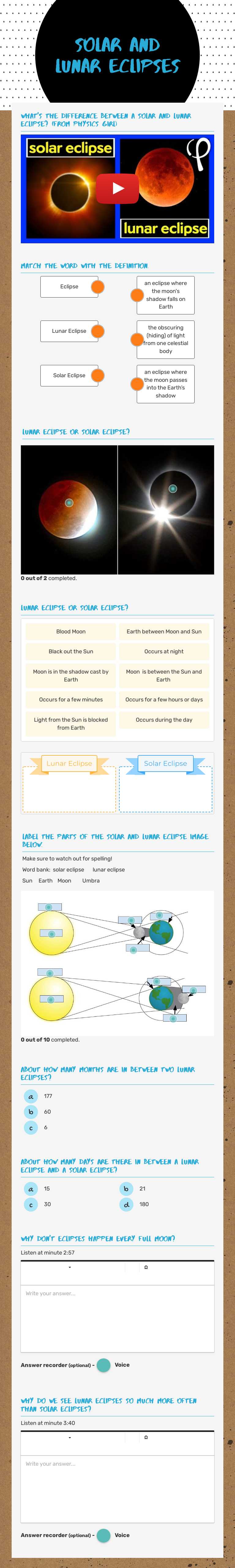 solar and Lunar Eclipses worksheet preview image