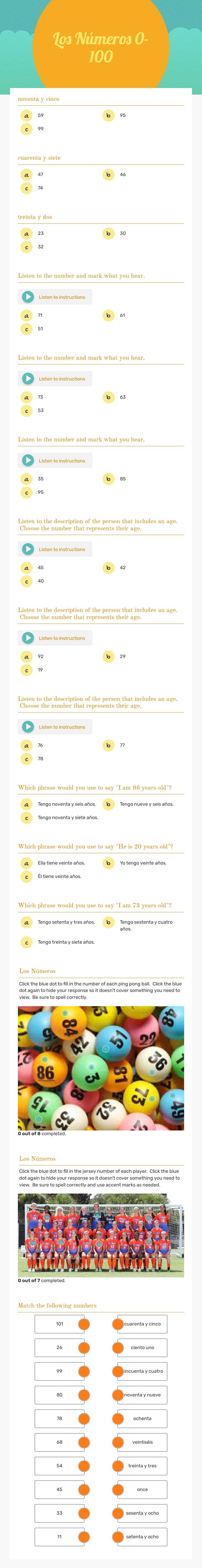 Los Números 0-100 worksheet preview image