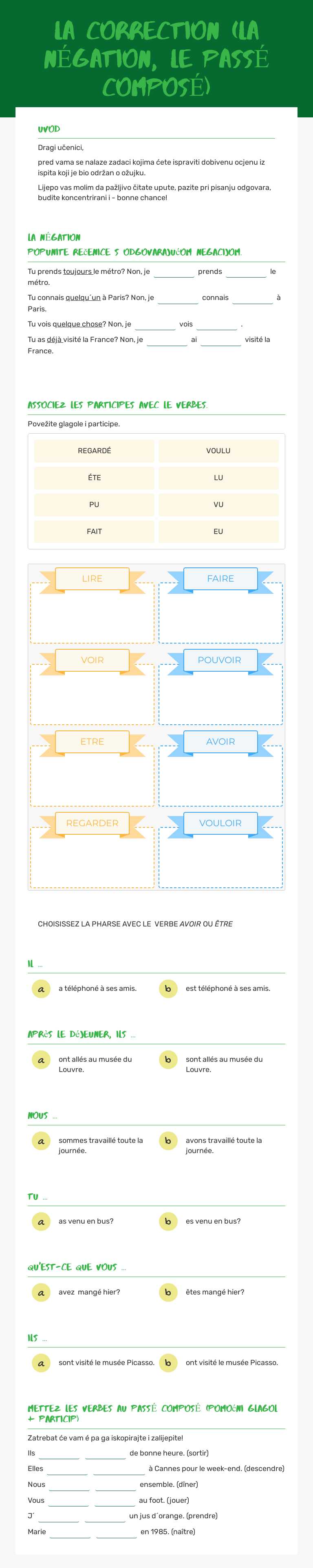 la correction (la nÉgation, le passÉ composÉ) worksheet preview image