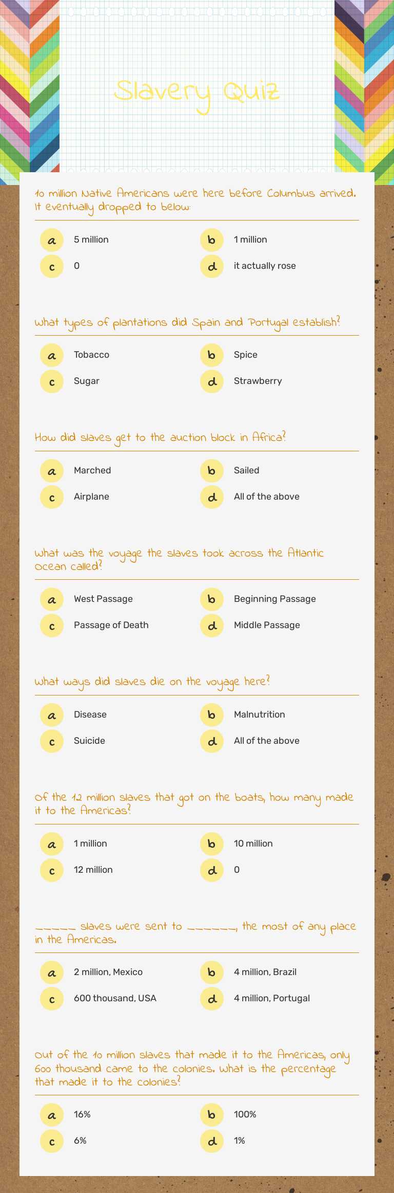 Slavery Quiz worksheet preview image