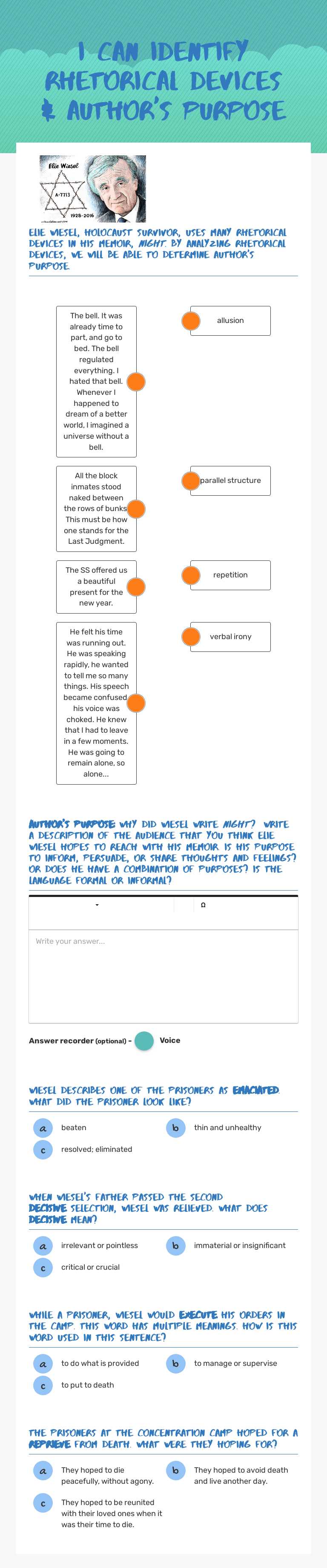 I can identify rhetorical devices & Author's purpose Grade 8 worksheet preview