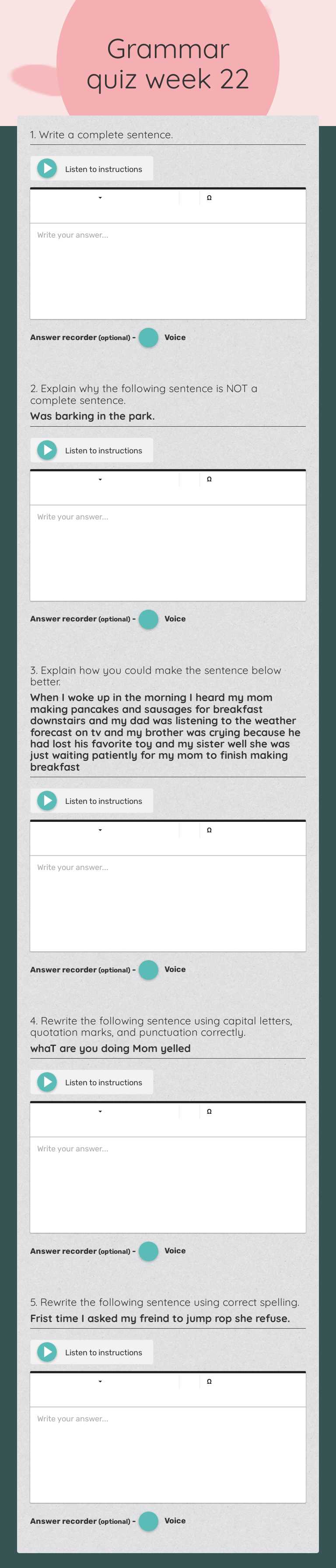 Grammar quiz week 22 worksheet preview image