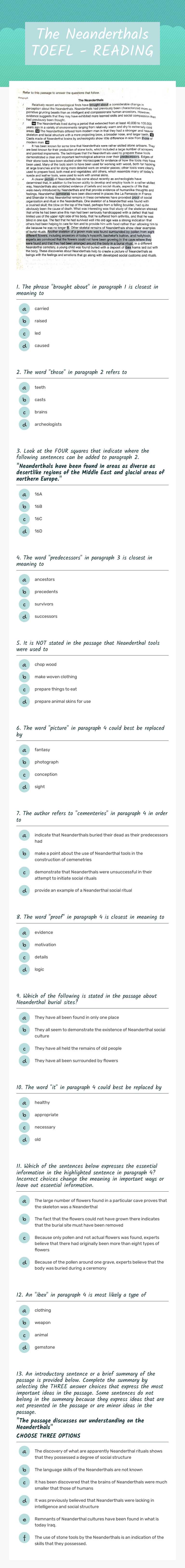 The Neanderthals TOEFL - READING Other worksheet preview