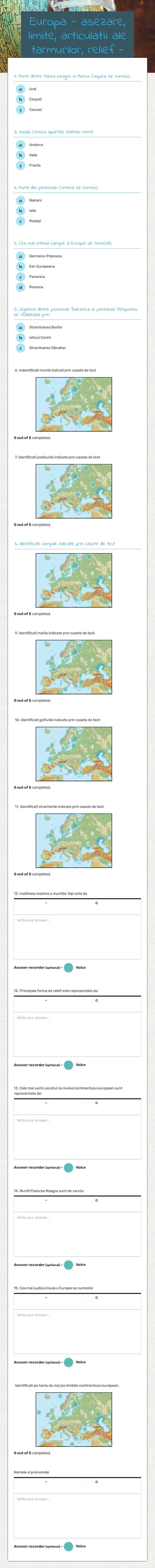 Europa              - asezare, limite, articulatii ale tarmurilor, relief - Grade 6 worksheet preview
