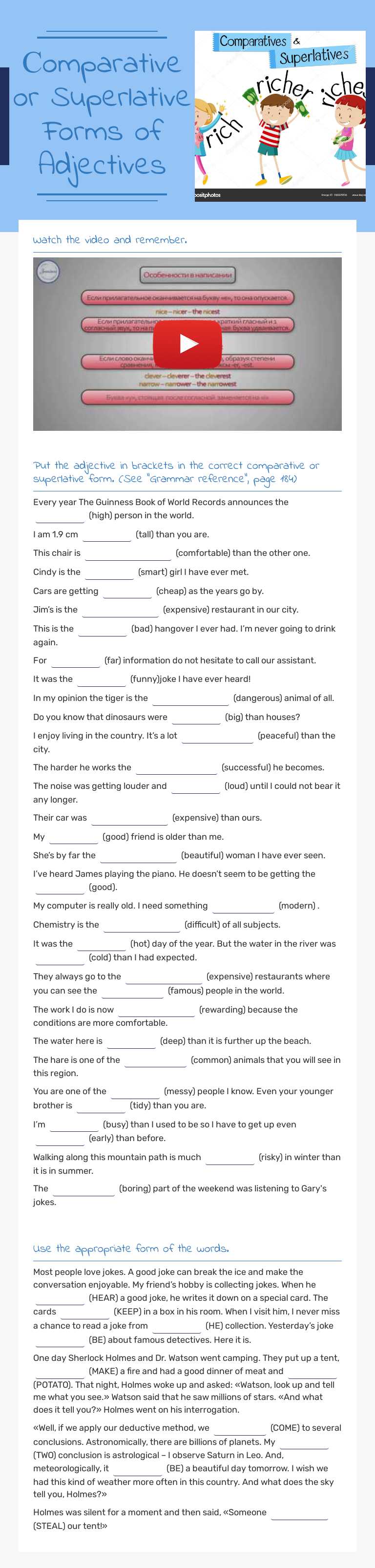 Сomparative or Superlative Forms of Adjectives worksheet preview image