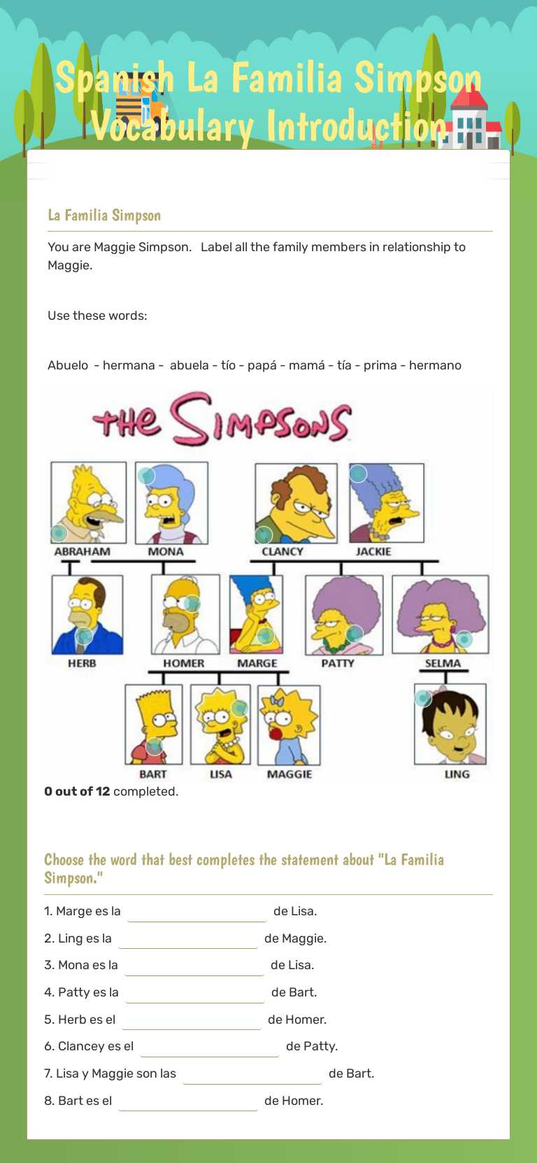 Spanish La Familia Simpson Vocabulary Introduction worksheet preview image