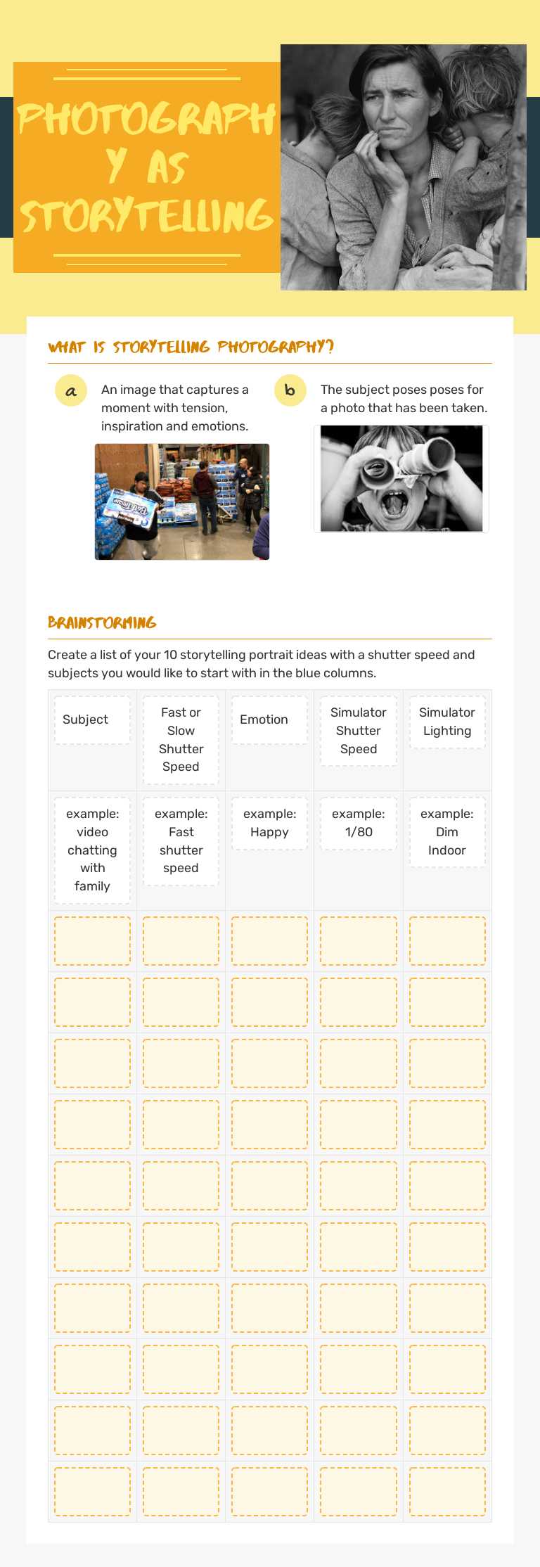 Photography as Storytelling worksheet preview image