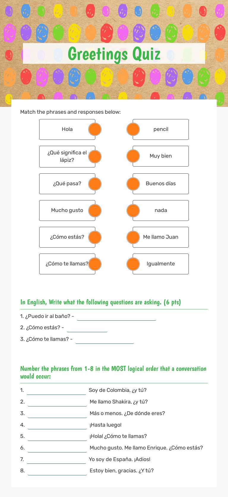 Ace your Spanish greetings! Practice common phrases, matching, and ...