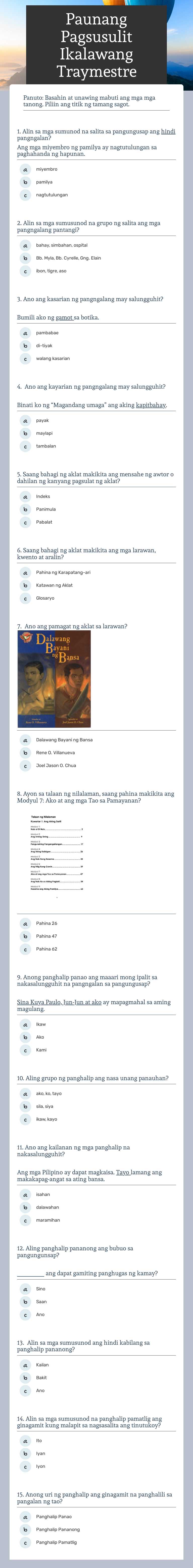 Paunang Pagsusulit Ikalawang Traymestre worksheet preview image
