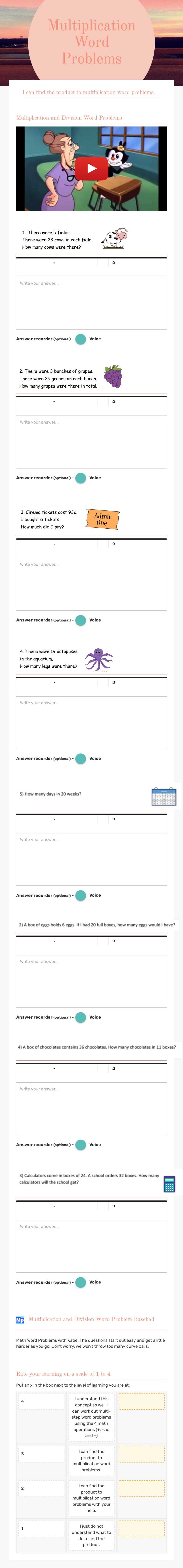Multiplication Word Problems worksheet preview image