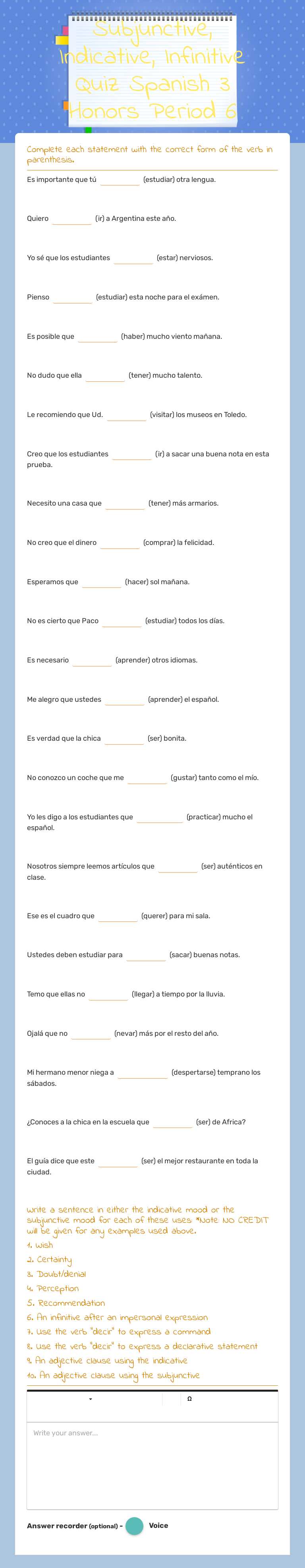 Subjunctive, Indicative, Infinitive Quiz Spanish 3 Honors Period 6 worksheet preview image