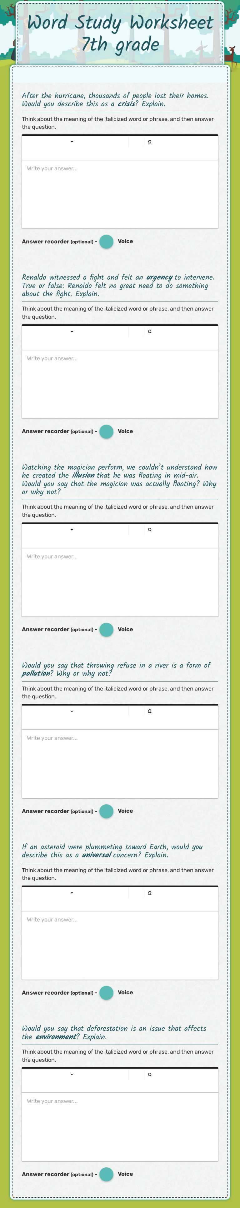 Word Study Worksheet 7th grade Grade 7 worksheet preview