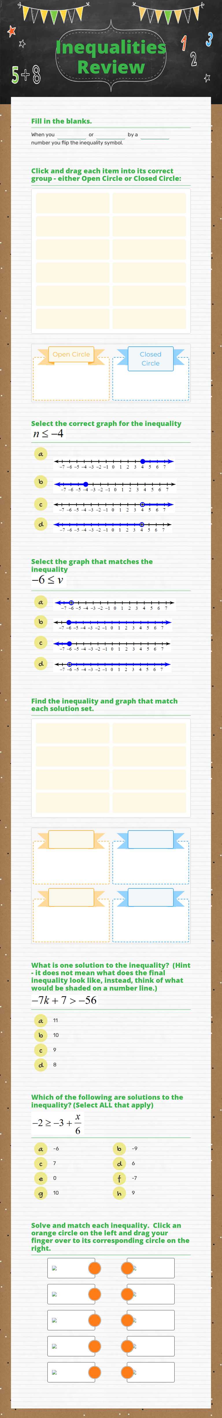 Inequalities Review worksheet preview image