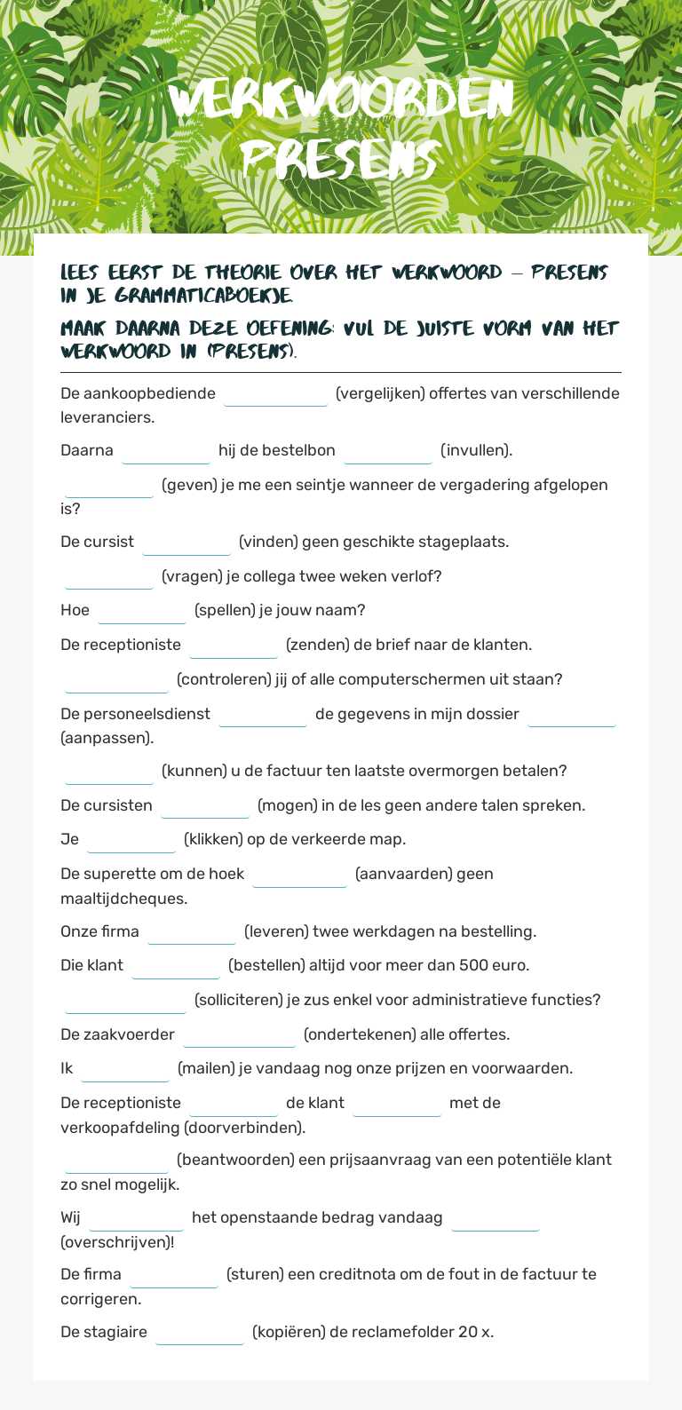 Werkwoorden Presens worksheet preview