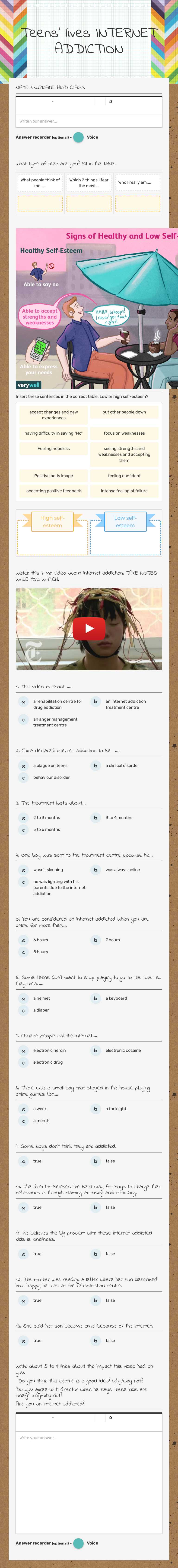 Teens' lives              INTERNET ADDICTION worksheet preview image