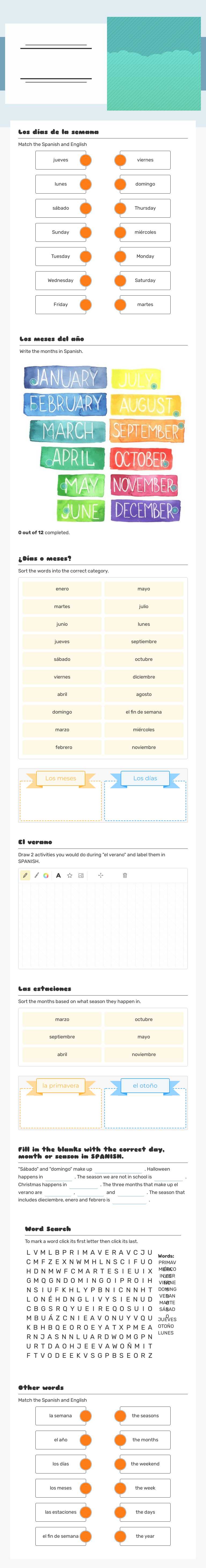 Los Días, los meses y las estaciones worksheet preview image