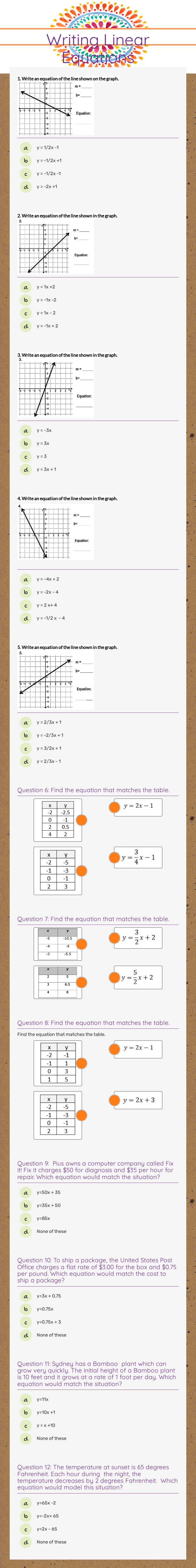 Writing Linear Equations Grade 8 worksheet preview