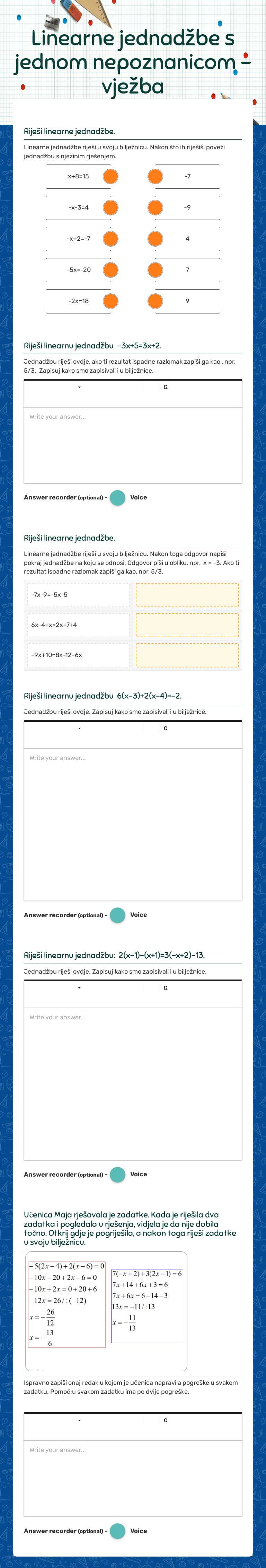Linearne jednadžbe s jednom nepoznanicom - vježba worksheet preview image