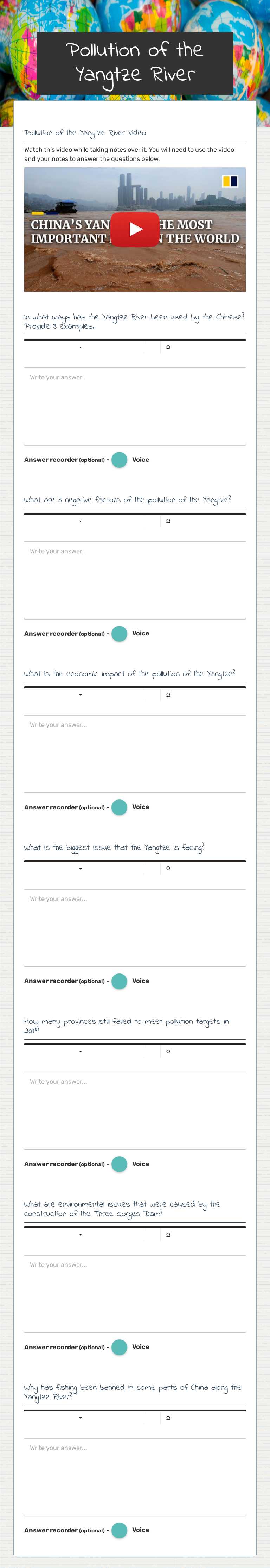 Pollution of the Yangtze River worksheet preview image