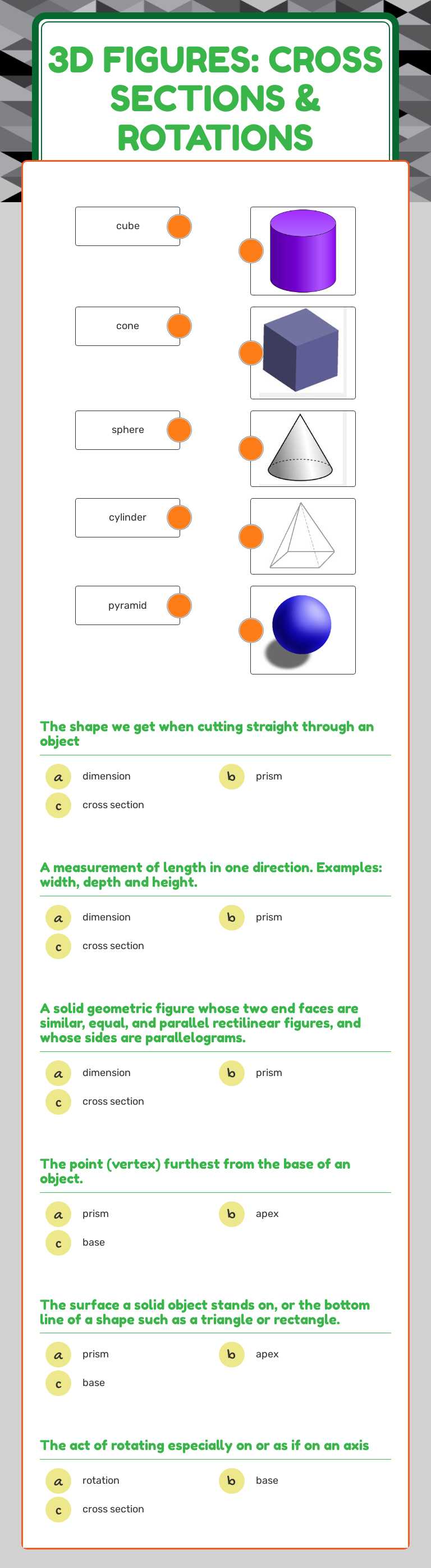 3D FIGURES: cROSS SECTIONS & rOTATIONS Grade 10 worksheet preview
