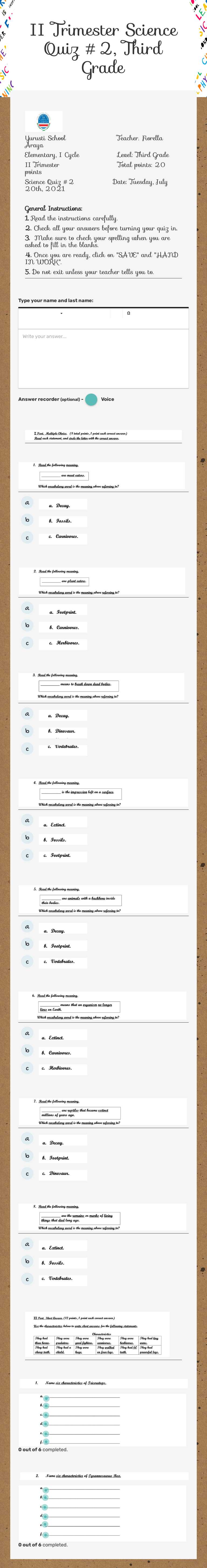 II Trimester Science Quiz #2, Third Grade worksheet preview image